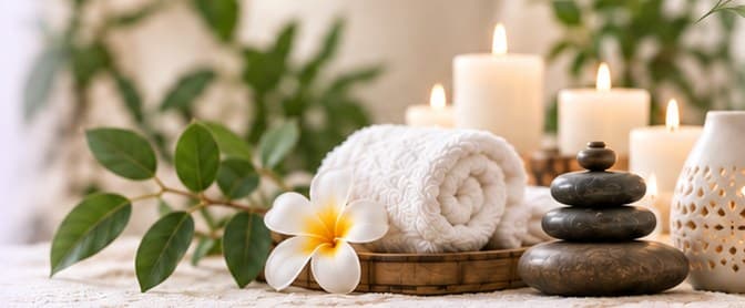Candles, towels and spa stones at Soul Beauty Healing Center