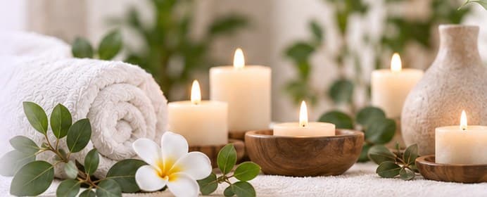 Candles, towels and greenery at Soul Beauty Healing Center